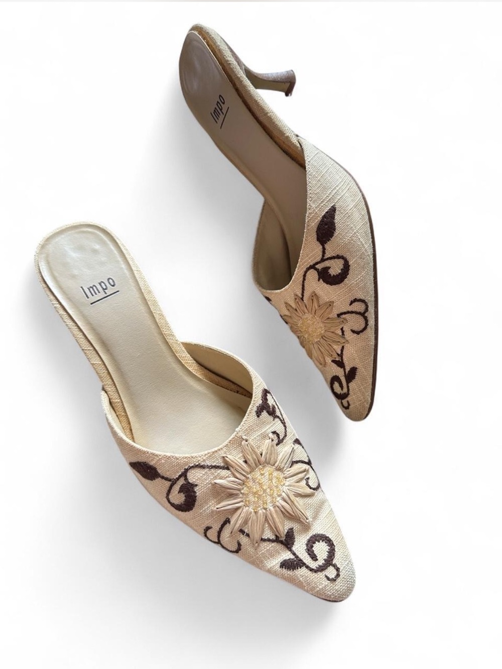 Impo Beige Floral Embroidered Pointed Toe Mules